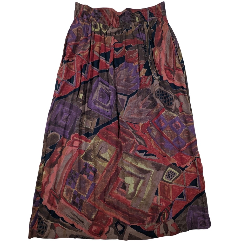 Vintage In Group Ltd Abstract Geometric Rayon Midi Skirt Red Purple Brown Sz10